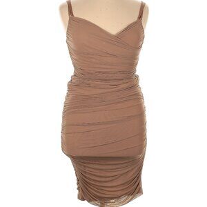 SHEIN TAUPE/TAN SHEER MESH OVERLAY BODYCON MIDI DRESS NWOT SIZE L